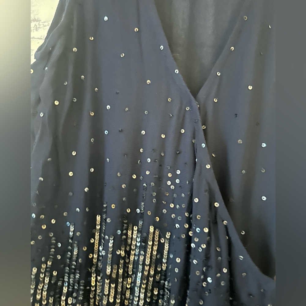 Ecru | Navy Blue Sequined Deep V Going Out Top - Picture 6 of 9
